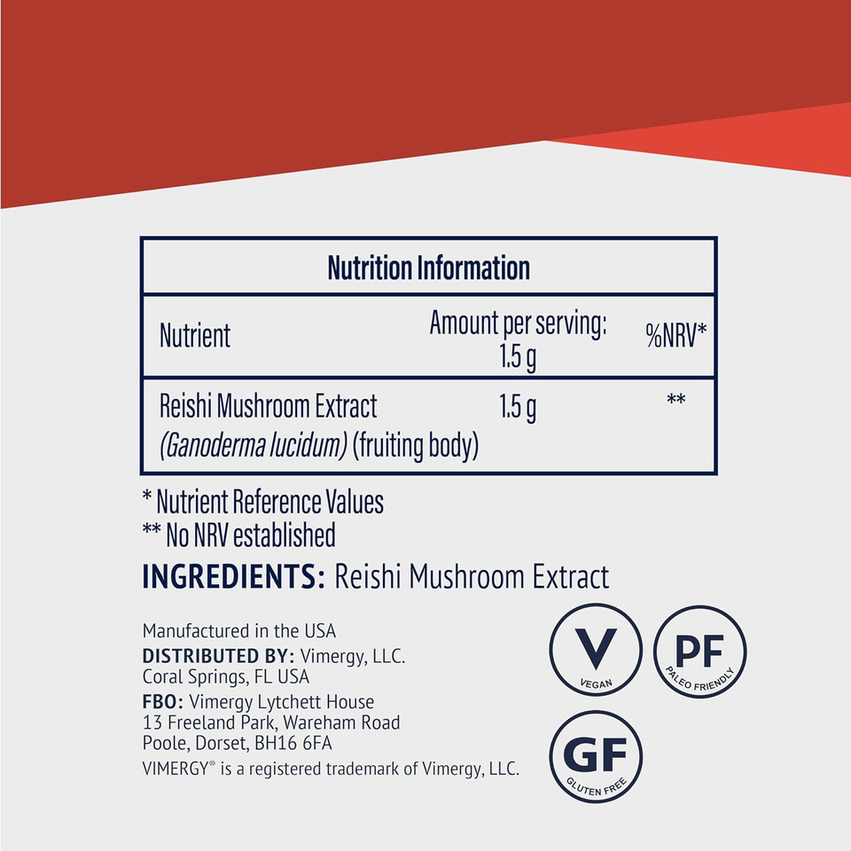 Vimergy Reishi Mushroom Powder, 33 Servings  Reishi Mushroom Extract  Vegan Mushroom Supplement  Formulated Without Anti-Caking Agents, fillers, Flavors, or Sugar  Non-GMO & Gluten-Free (50g)