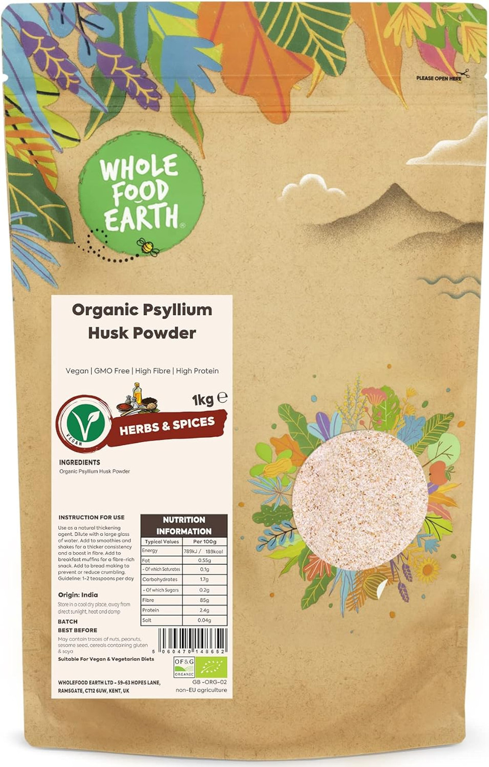 Wholefood Earth Organic Psyllium Husk Powder - 250g - High Fibre - High Protein - Certified Organic