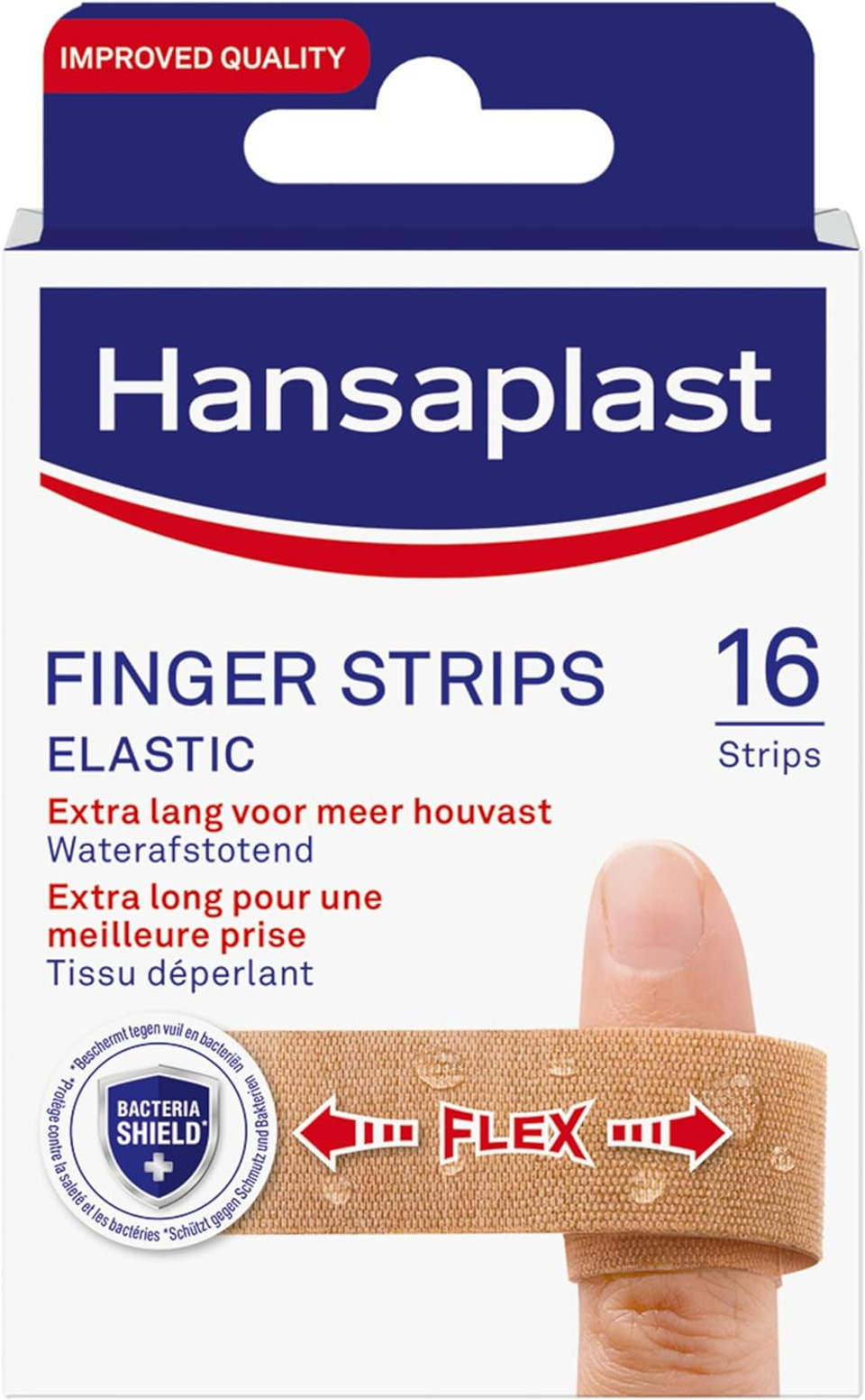 Hansaplast Bandage, Finger Strips 16 Strips, Extra Long, Textile, Elastic, Sterile, One Size, 0.02 grams Hansaplast Bandage, Finger Strips 16 Strips, Extra Long, Textile, Elastic, Sterile, One Size, 0.02 grams