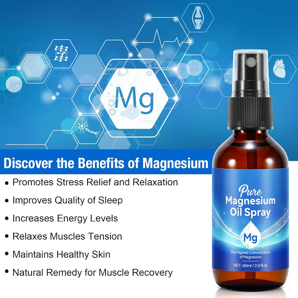 2Pack Pure Magnesium Oil Spray, 100% Natural Topical Magnesium Spray for Feet, Magnesium Spray for Sleep, Safe and Effective, 60ml