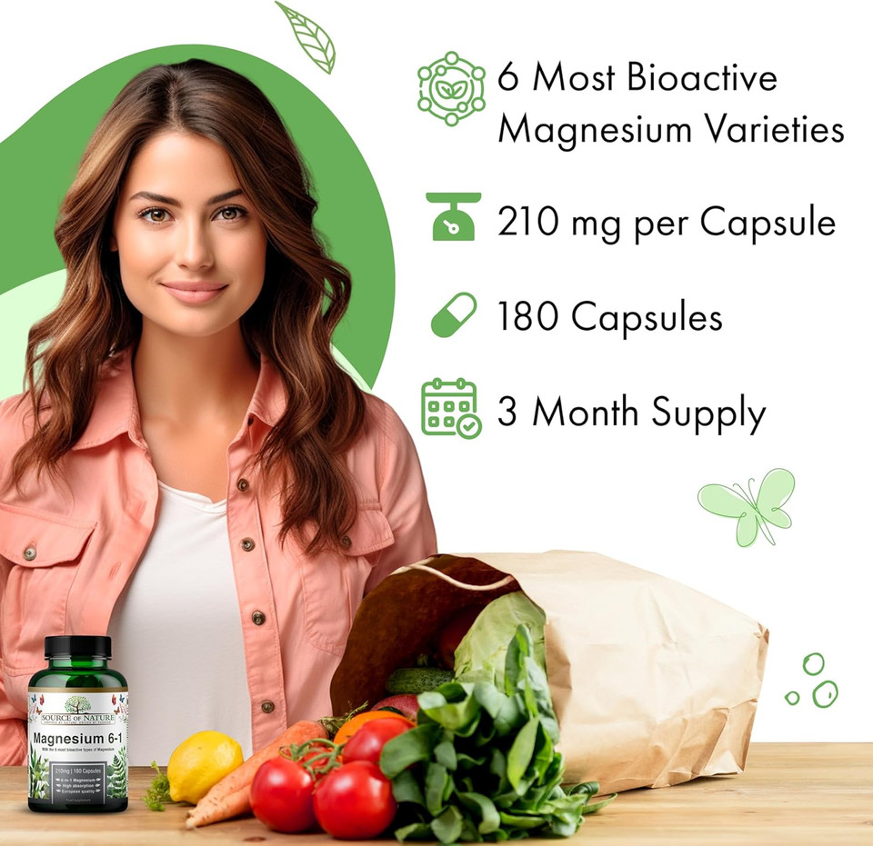 Source of Nature® | 6-in-1 Magnesium Complex | High-Dose  210 mg Elemental per Capsule | 180 Vegan Capsules | Bioactive Magnesium Forms: Aspartate, Malate, Taurate, Bisglycinate, Citrate & Oxide
