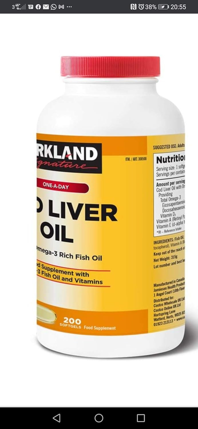 Kirkland Signature Cod Liver Oil + Omega 3-1150mg x 200 Capsules (2 Packs), Yellow Orange