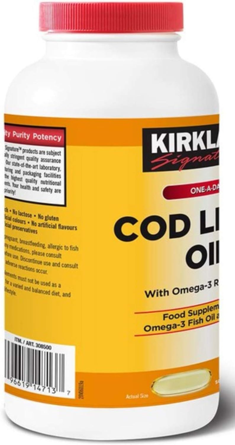 Kirkland Signature Cod Liver Oil + Omega 3-1150mg x 200 Capsules (2 Packs), Yellow Orange