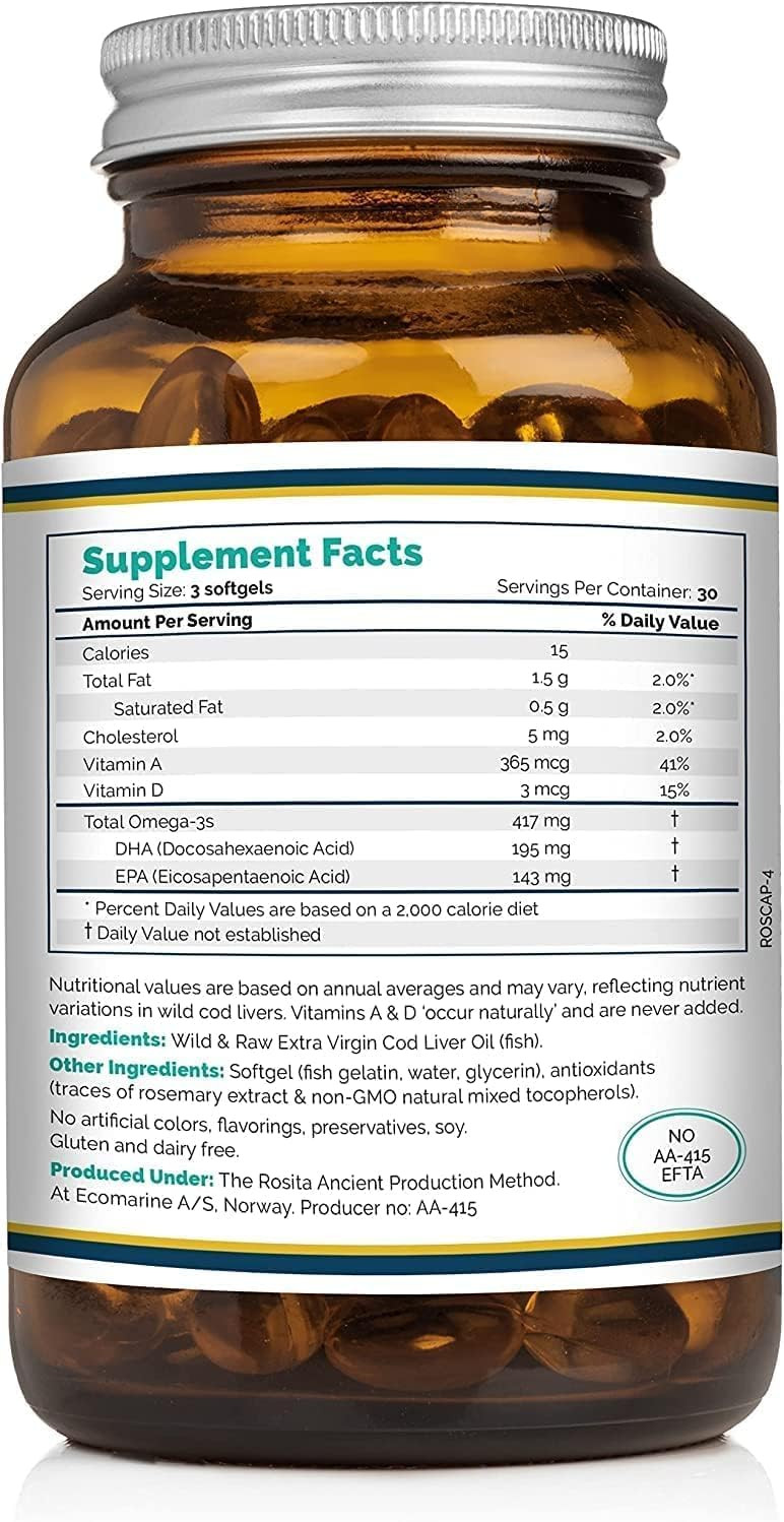 Rosita Real Foods Extra Virgin Cod Liver Oil (EVCLO) Softgels - 90 Softgels, 0.21 kilograms