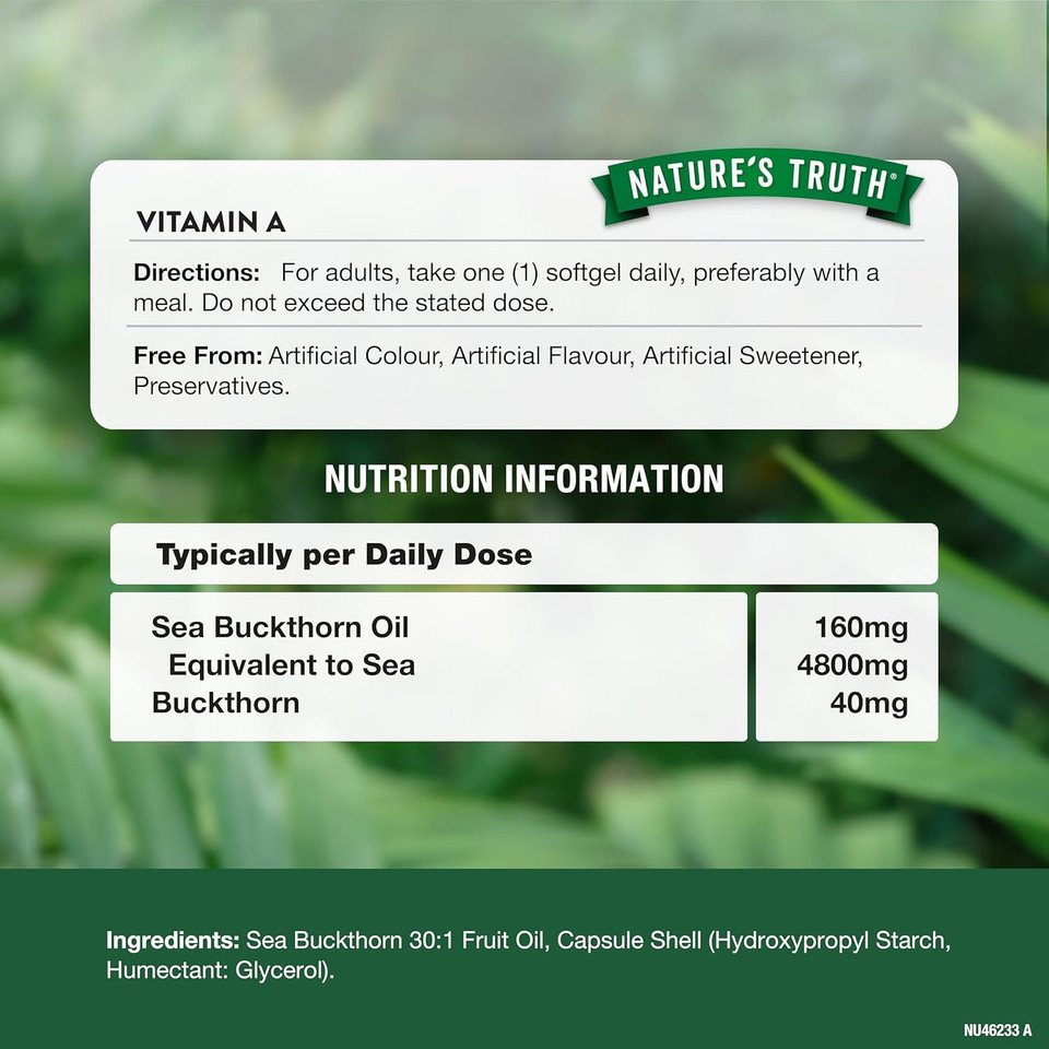 Sea Buckthorn Oil Capsules 4800mg | 60 Vegan Softgels | High Strength Supplement Providing Omega 7 | Nature's Truth