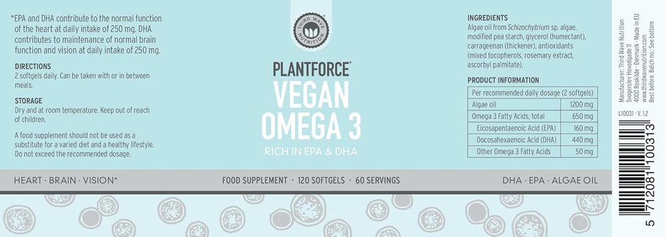 Plantforce Vegan Omega 3 - Rich in EPA& DHA - 60 Servings - 120 Softgels