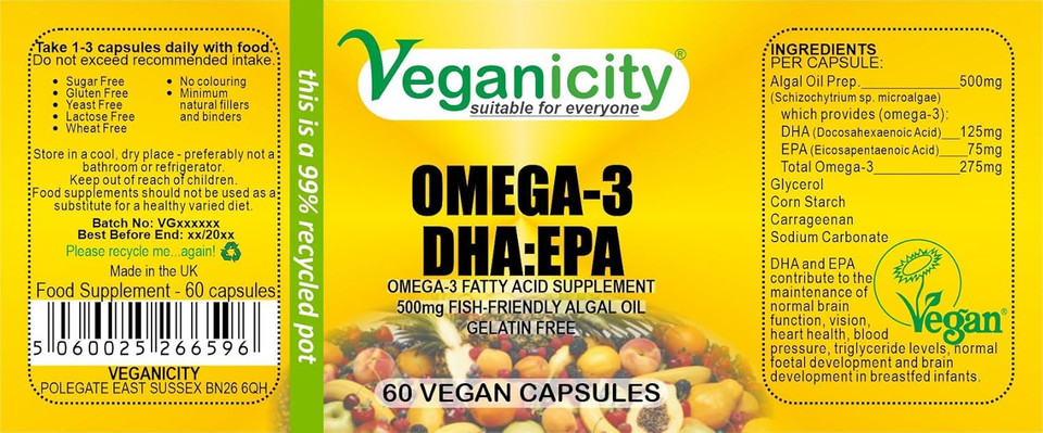 Veganicity Omega-3 DHA:EPA 500mg : Algal Oil Omega-3 Fatty Acid : 60 Vcaps, in a Planet-Friendly 99% Recycled Pot