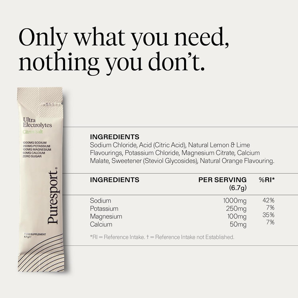 Puresport Ultra Electrolytes (Citrus Salt/15 Sachets) | Science-Backed Electrolytes Powder | Optimises Hydration | Supports Muscle Function | No Added Sugar