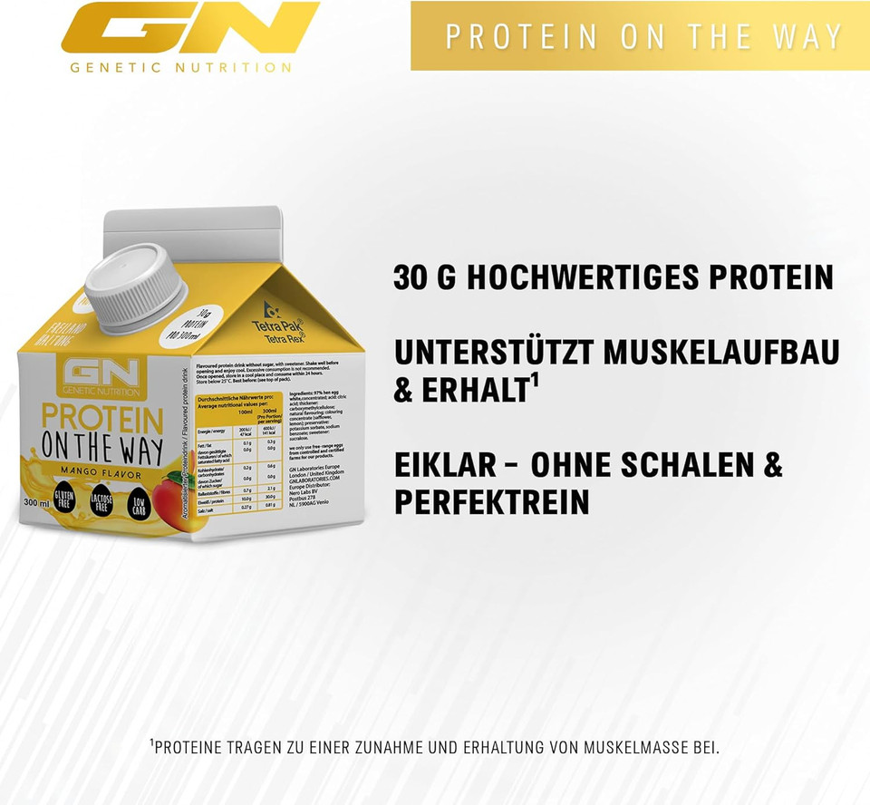 GN Laboratories Protein on The Way (6 x 300 ml Mango) - Practical Lactose Celebration Egg Clear Protein Drink - Ideal for Muscle Building