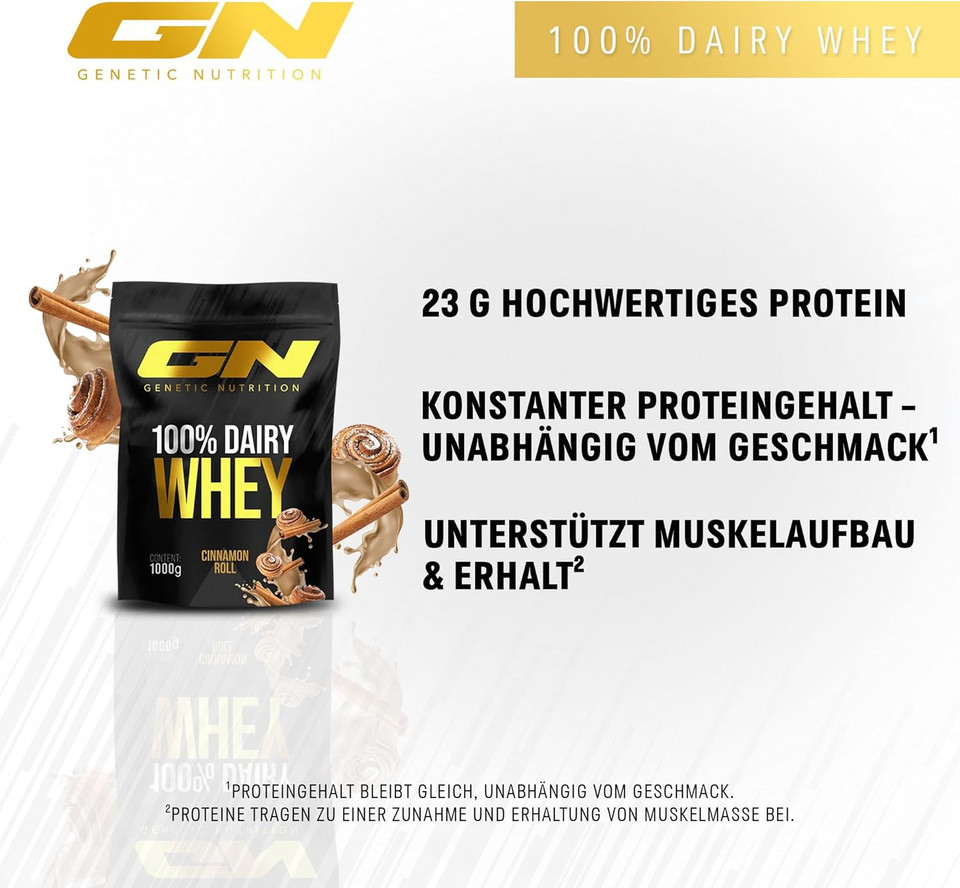 GN Laboratories 100% Dairy Whey Protein Powder 1 kg (Banana Cream) - Protein Powder with 23 g Protein per Serving, Ideal for Muscle Building and Preservation, Tested Quality, Made in Germany