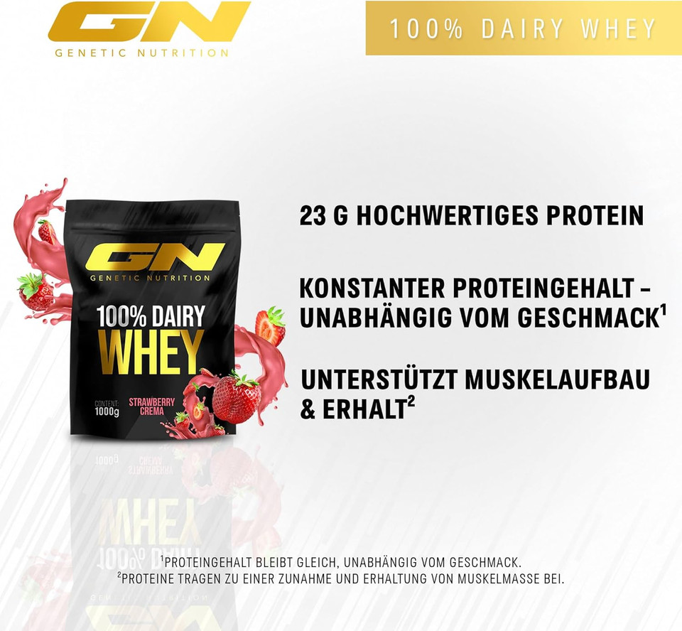 GN Laboratories 100% Dairy Whey Protein Powder 1 kg (Strawberry Crema) - Protein Powder with 23 g Protein per Serving, Ideal for Muscle Building and Preservation, Tested Quality, Made in Germany