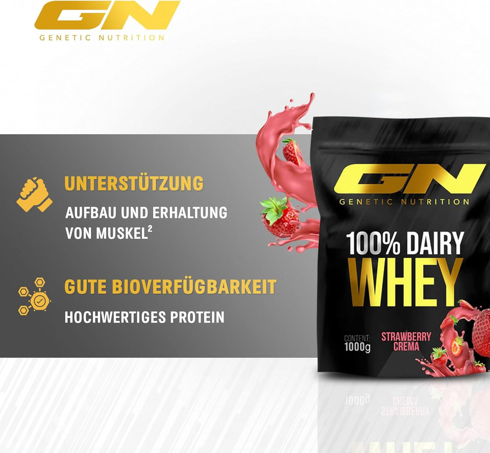 GN Laboratories 100% Dairy Whey Protein Powder 1 kg (Strawberry Crema) - Protein Powder with 23 g Protein per Serving, Ideal for Muscle Building and Preservation, Tested Quality, Made in Germany