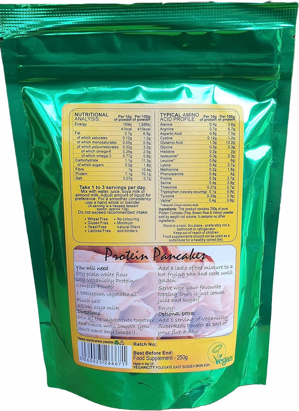Veganicity Protein Complex Powder : Natural and Unflavoured 70% Vegan Protein Combination : 250g, in a Recyclable Pouch