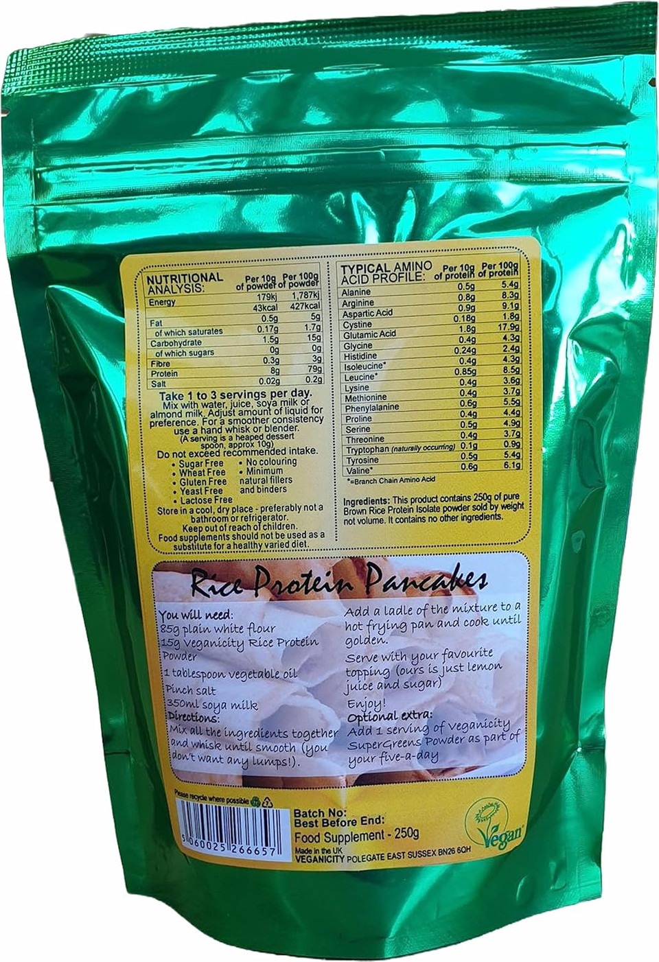 Veganicity Brown Rice Protein Powder : Natural and Unflavoured 80% Protein Powder - 250g, in a Recyclable Pouch