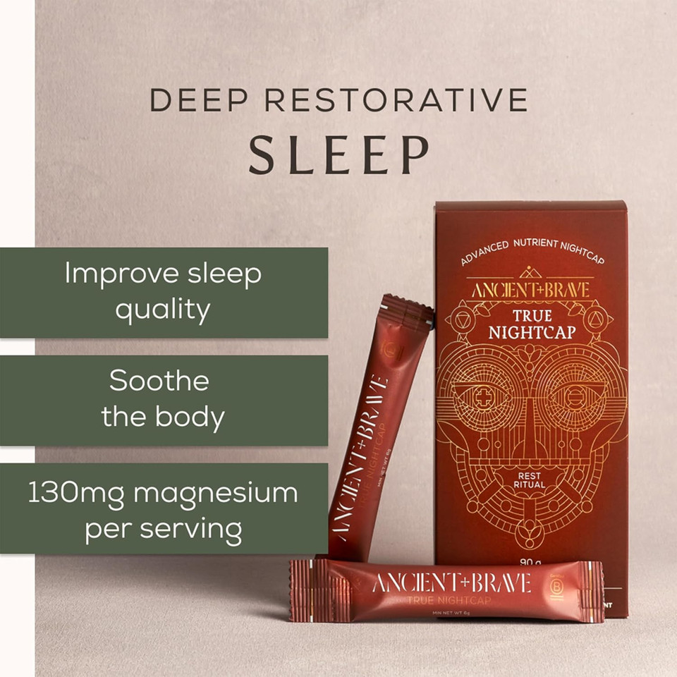 Ancient + Brave True Nightcap 15 x 6g Sachets - Sleep Supplement for Adults with Magnesium, Zinc, Vitamin C, Amino Acids - Natural Sleep Aid Powder - Recover Sleep, Lemon Ginger Flavor, Vegan