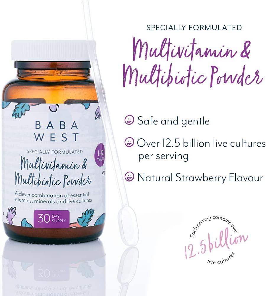 Baba West Childrens Multivitamin & Multibiotic Powder (1-12 Years) - Kids Multivitamin with Friendly Bacteria - Supports Immunity & Gut Health - 1 Month Supply (30 Days)