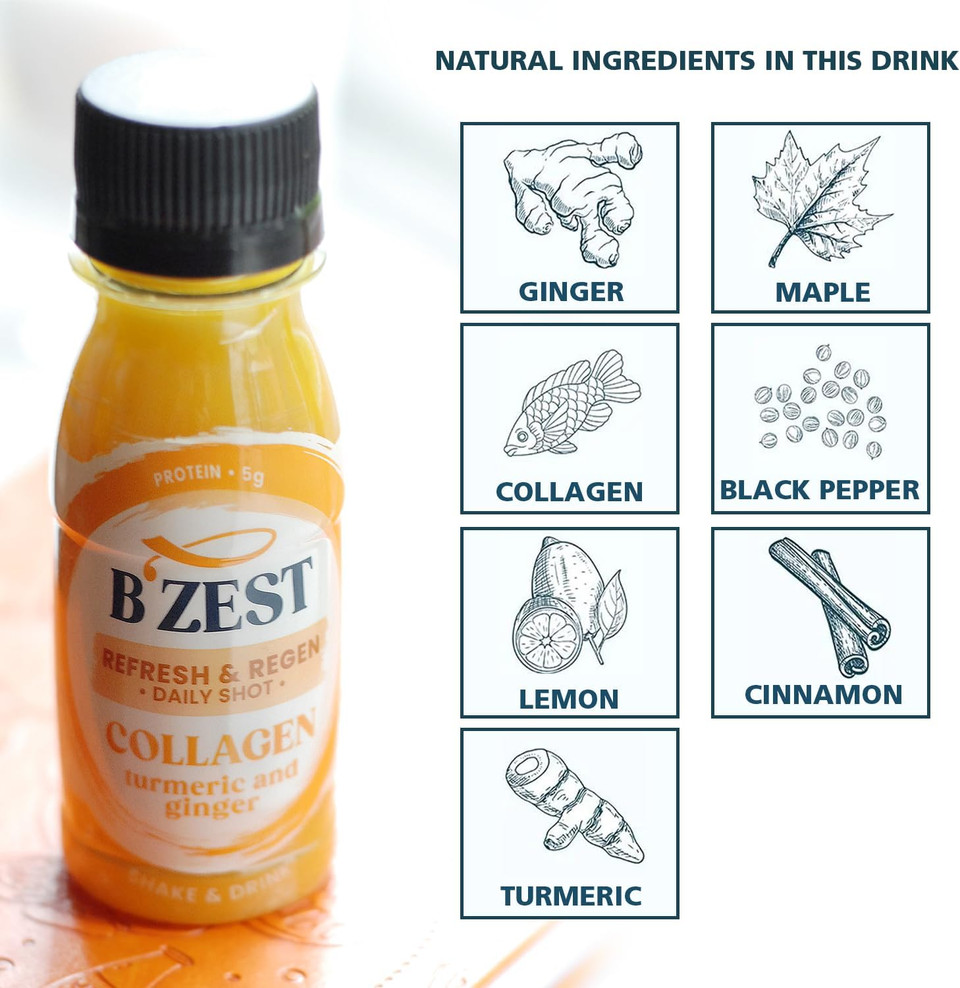 BumbleZest Refresh & Regen: Ginger, Turmeric & Collagen Daily Health Shot, Refreshing Shot with a Zesty Kick, 5g Protein (12 x 60ml)