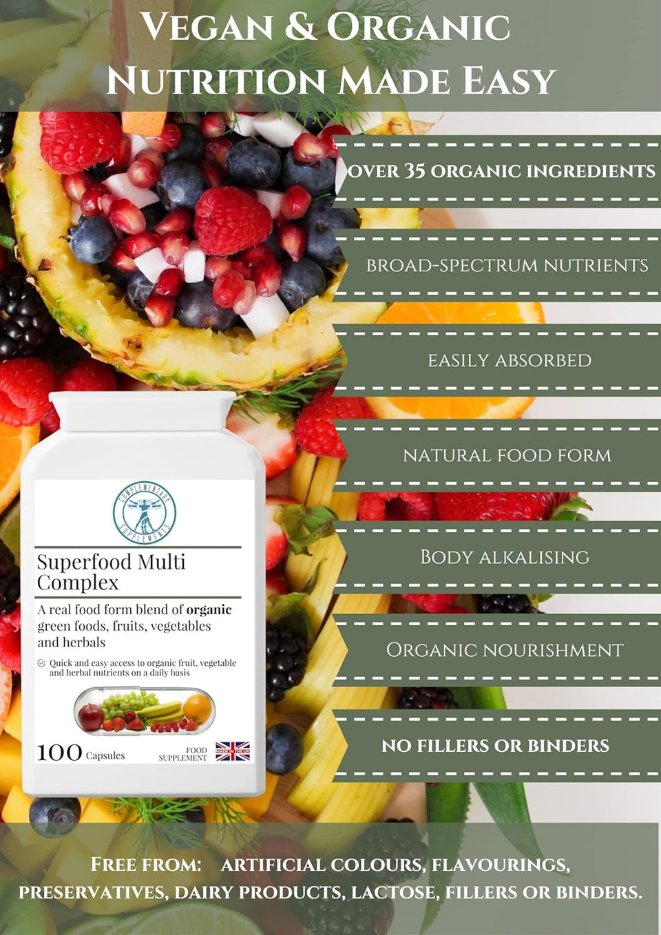 Complementary Supplements - Organic Superfood Multi Complex - Wholefood Nutrition  Chlorella, Spirulina, Turmeric, Kelp, Organic Herbs, Vegetables, Fruits + Digestive Enzymes - 100 Capsules