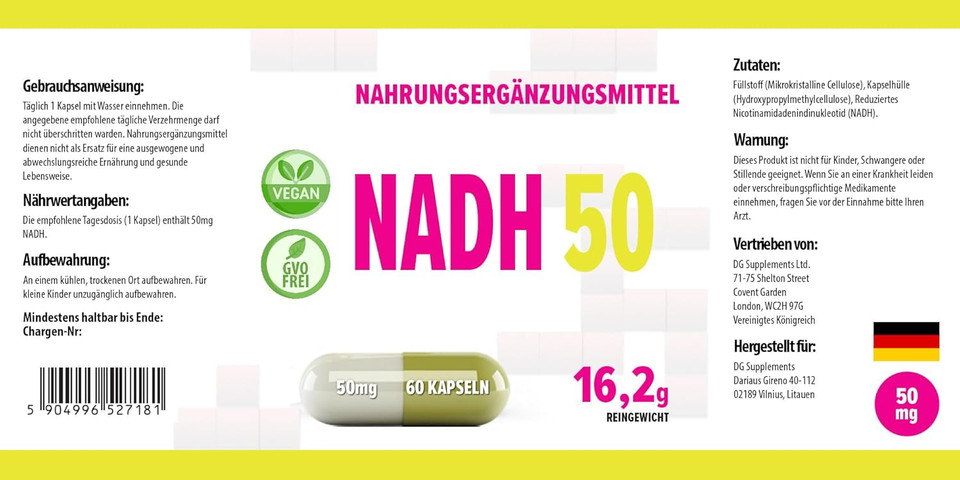 Hepatica NADH 50mg | 60 Vegan Capsules | High Strength Energy, Brain & Cellular Support | 3rd Party Lab Tested | Gluten & GMO Free
