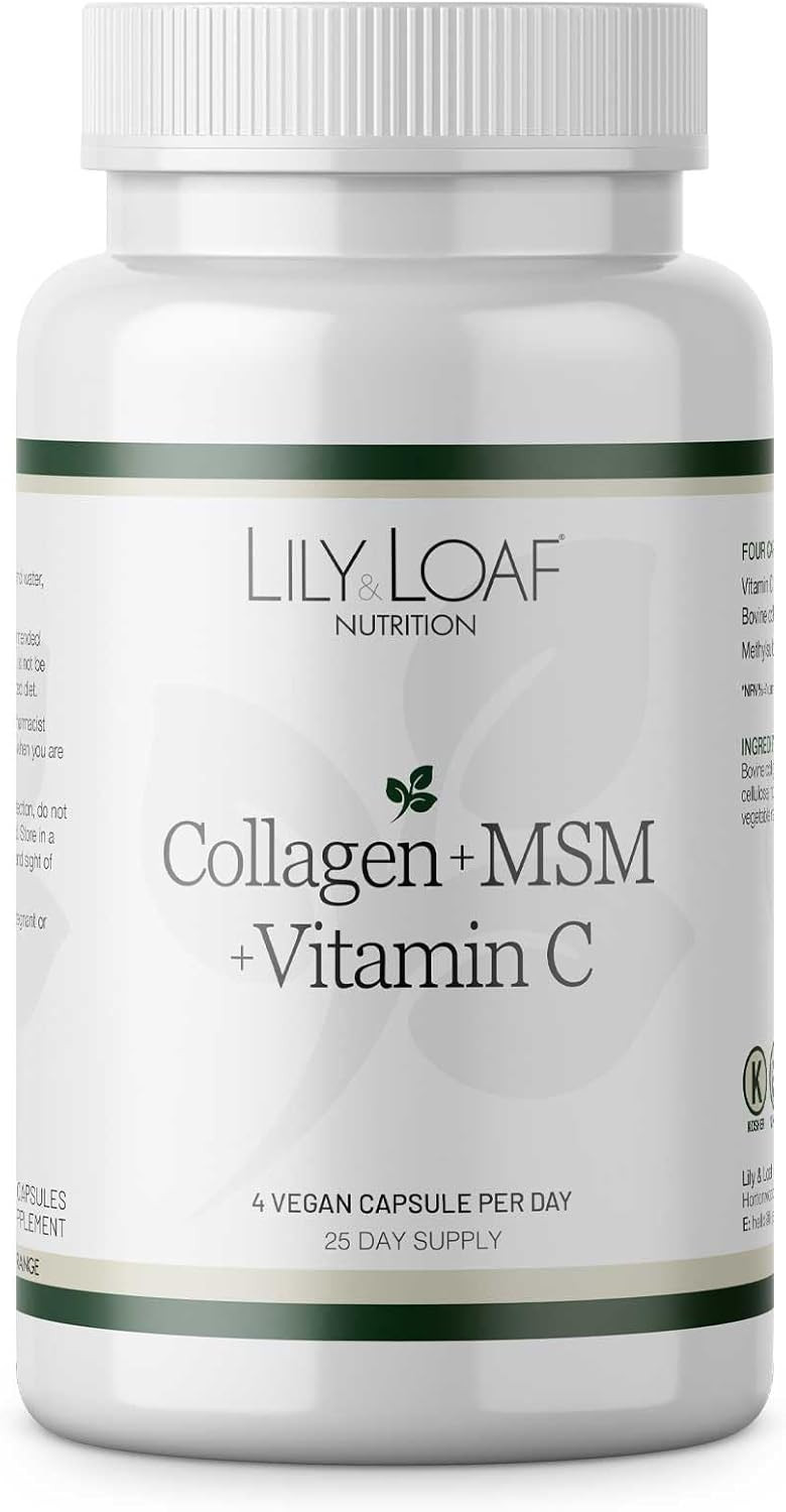 Lily & Loaf Collagen + MSM + Vitamin C  Skin, Joint & Connective Tissue Support | 100 Capsules | 25-Day Supply | Anti-Ageing, Hydrating, Firming | Bovine Collagen Supplement