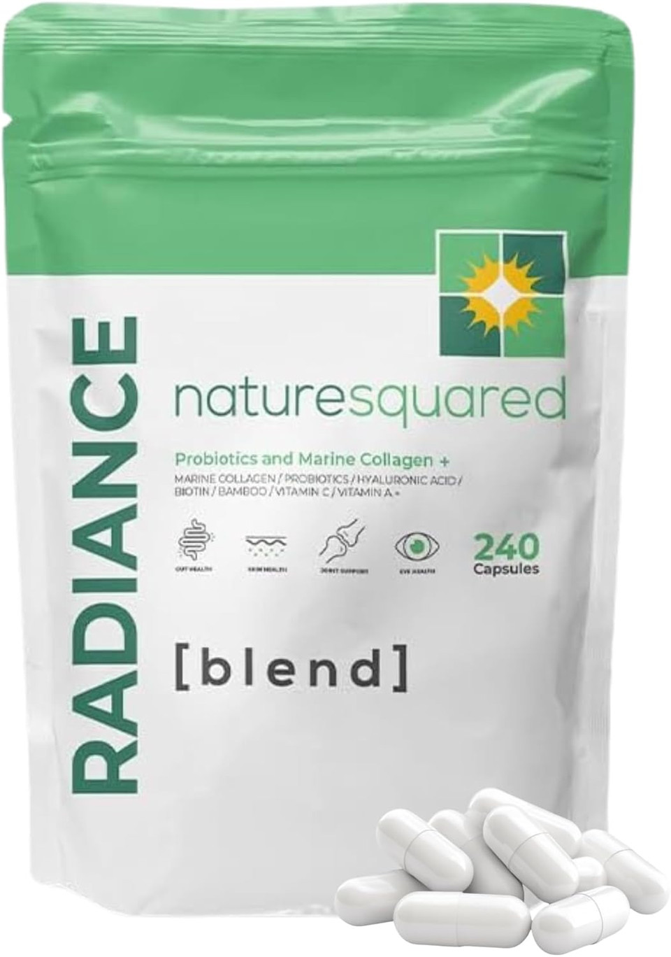 NATURE SQUARED Radiance [Blend]: Premium Probiotics & Marine Collagen Capsules - 240 High Strength Collagen Capsules with Vitamin A, C, Biotin - 8 Month Supply - Non GMO - Gluten Free - GMP - UK Made