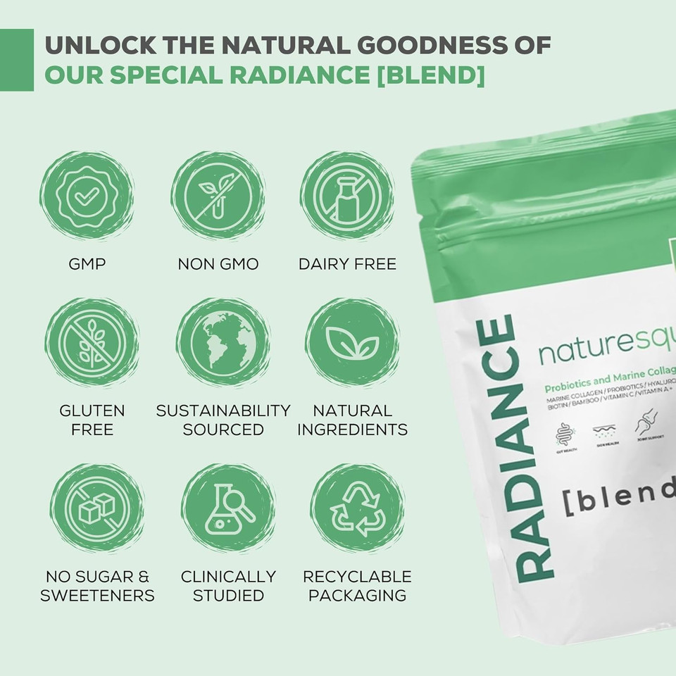 NATURE SQUARED Radiance [Blend]: Premium Probiotics & Marine Collagen Capsules - 240 High Strength Collagen Capsules with Vitamin A, C, Biotin - 8 Month Supply - Non GMO - Gluten Free - GMP - UK Made