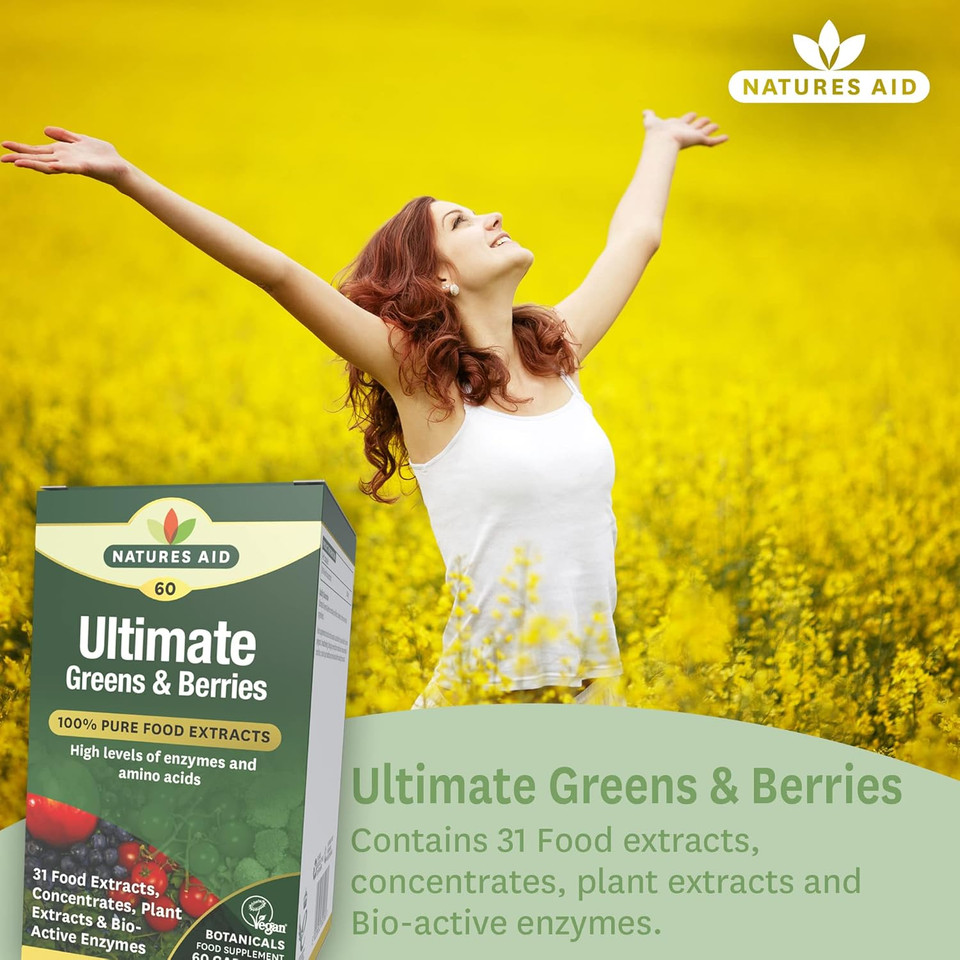 Natures Aid Ultimate Greens & Berries Capsules - Mix of 31 Fruits Berries Vegetables Mushrooms Phytonutrients and Plant Bioactive Enzymes & Amino Acids - Vegan Vegetarian Gluten Free - 60 Supplements