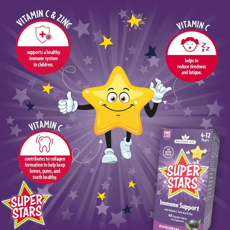 Natures Aid Super Stars Immune Support Chewables for Kids Aged 4-12  Vitamin C, Zinc, Elderberry & Folic Acid  Supports Immunity, Growth & Energy  Natural Fruit Flavour, Vegan  60 Tablets