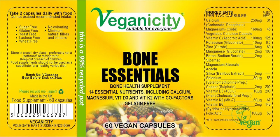 Veganicity Bone Essentials : Bone Support Supplement : 60 Capsules, in a Planet-Friendly 99% Recycled Pot