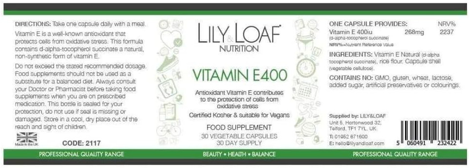 Lily & Loaf Vitamin E400IU D-Alpha Tocopherol | Contributes to Protection of Cells from Oxidative Stress | Premium Quality | Suitable for Vegetarians & Vegans | Kosher | Gluten Free