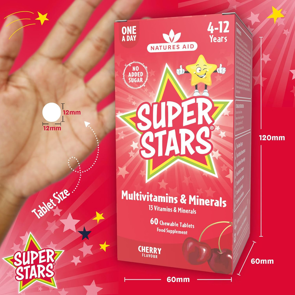 Natures Aid Super Stars Multivitamin & Minerals - Immune Support, Growth & Development - Natural Fruit Flavour Multi-vitamins for Kids Aged 4-12 Years - Vegan Non-GMO Gluten-Free - 60 Chewable Tablets