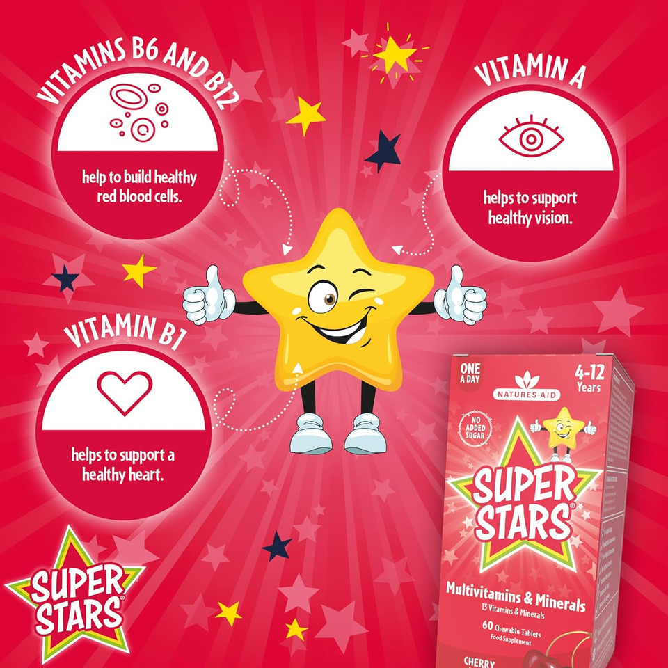 Natures Aid Super Stars Multivitamin & Minerals - Immune Support, Growth & Development - Natural Fruit Flavour Multi-vitamins for Kids Aged 4-12 Years - Vegan Non-GMO Gluten-Free - 60 Chewable Tablets