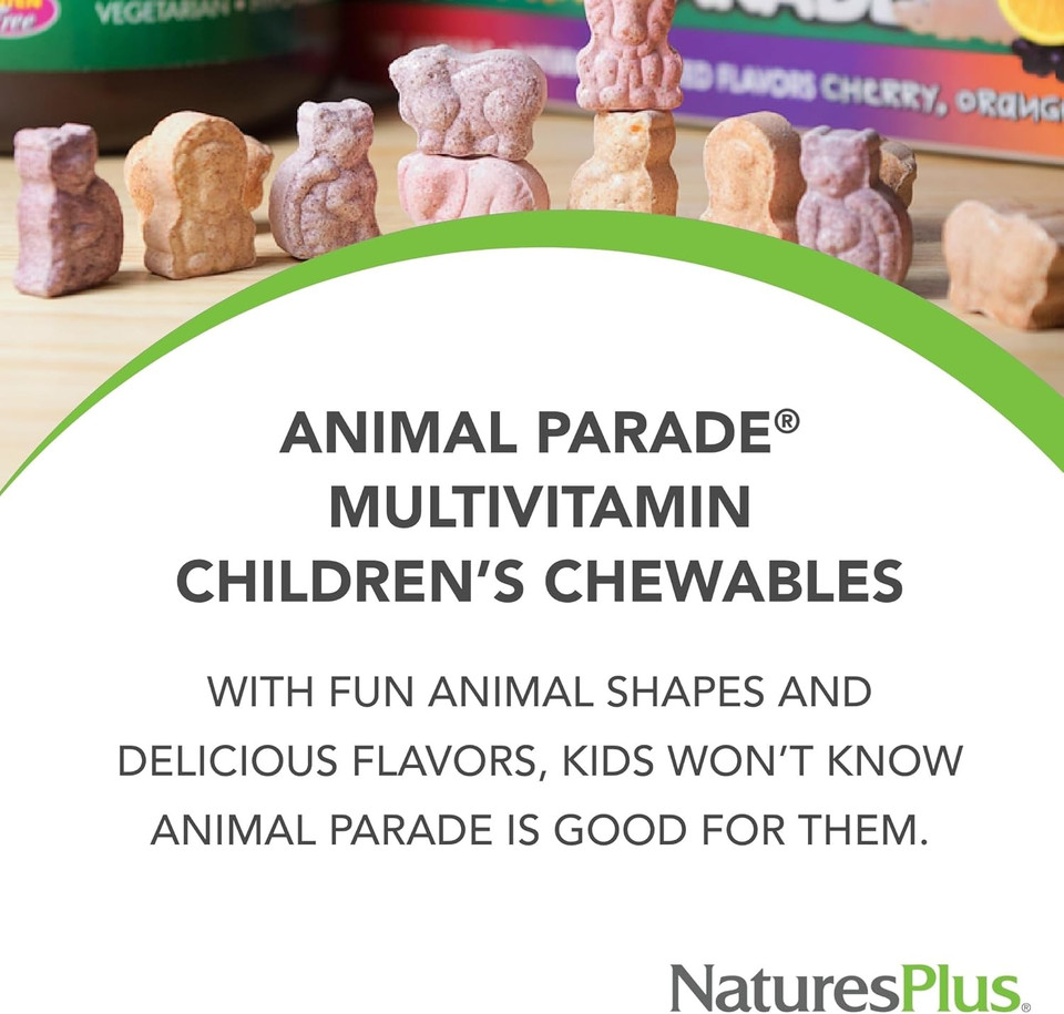 NaturesPlus Animal Parade Childrens Multivitamin Cherry Flavour - Plant Based Chewable Multivitamin for Kids - Gluten Free, Vegan - 180 Chewable Tablets