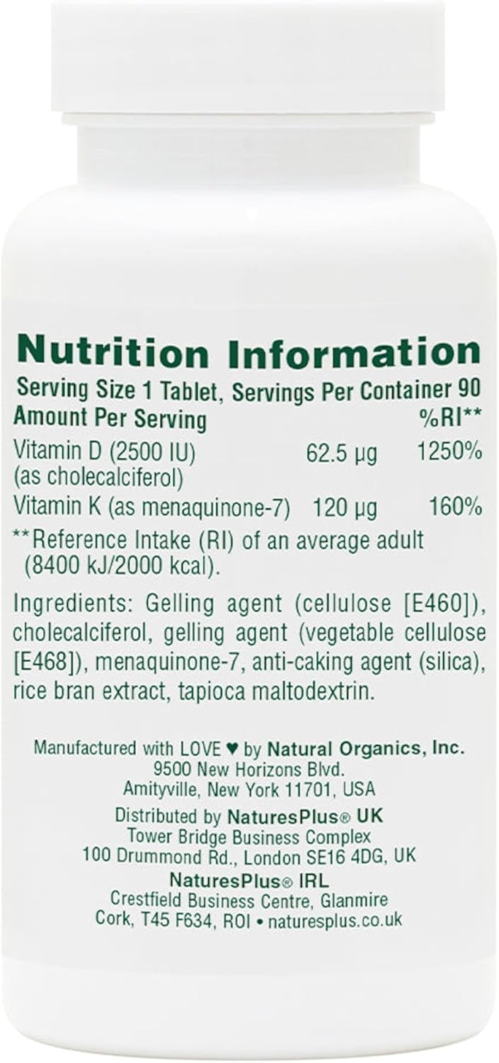 NaturesPlus Vitamin D3 2500IU with Vitamin K2 120mg - High Strength Vitamin D and K2 Supplement, Bone and Immune Support - One a Day, Gluten Free, Vegetarian - 90 Tablets
