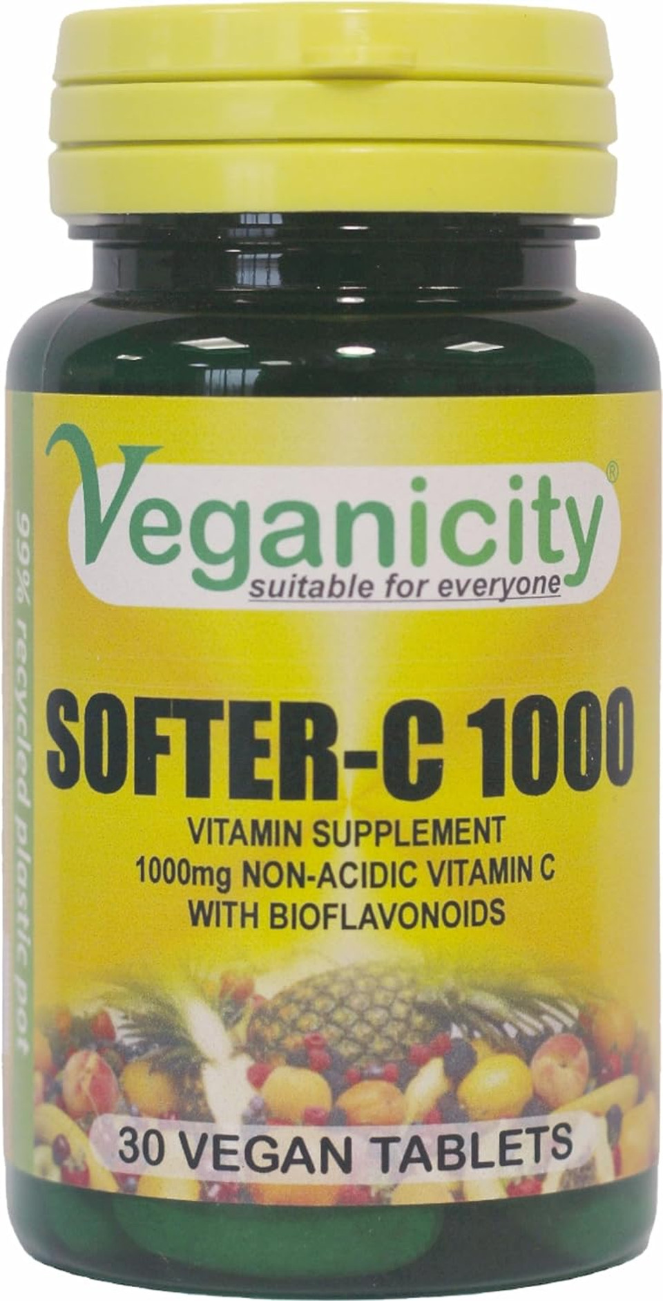 Veganicity Softer-C 1000 : Non-Acidic Vitamin C Supplement - 60 Vegan Tablets, in a Planet-Friendly 99% Recycled Pot Veganicity Softer-C 1000 : Non-Acidic Vitamin C Supplement - 60 Vegan Tablets, in a Planet-Friendly 99% Recycled Pot