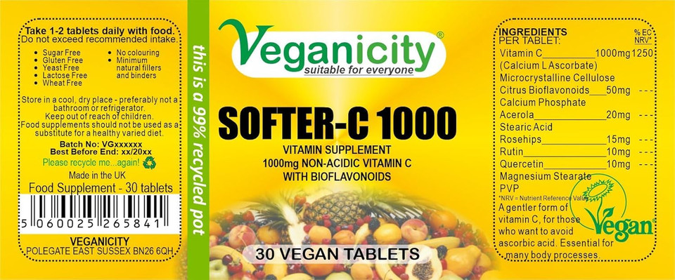 Veganicity Softer-C 1000 : Non-Acidic Vitamin C Supplement - 60 Vegan Tablets, in a Planet-Friendly 99% Recycled Pot Veganicity Softer-C 1000 : Non-Acidic Vitamin C Supplement - 60 Vegan Tablets, in a Planet-Friendly 99% Recycled Pot