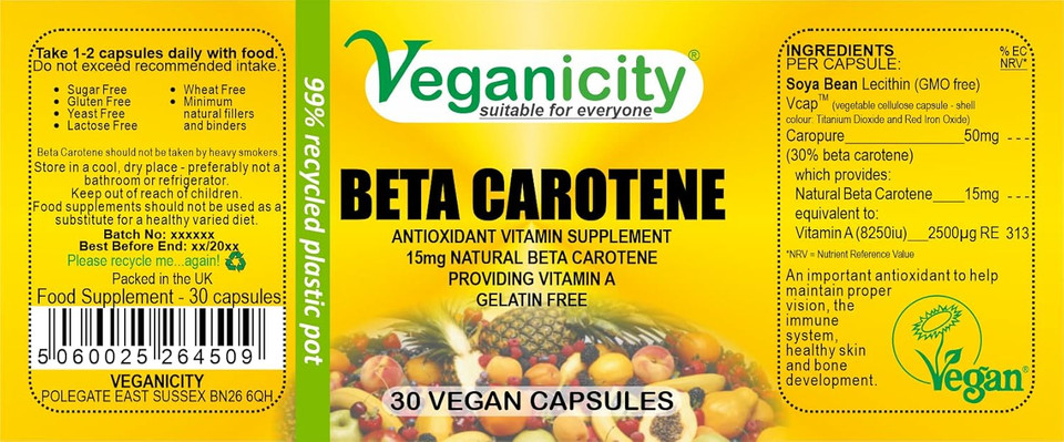 Veganicity Beta Carotene 15mg : Vitamin A Supplement : 30 Capsules