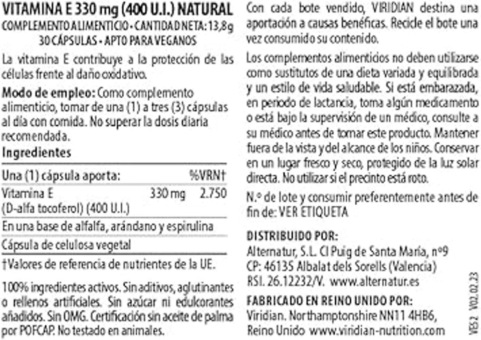 Viridian Natural Vitamin E 400IU, 30 Vegetarian Capsules