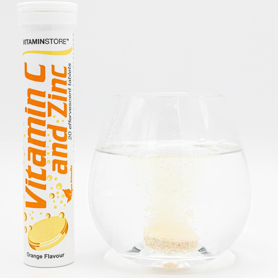 Vitamin Store Vitamin C and Zinc Effervescent Tablets - 3 Packs of 20 Orange Flavoured Fizzy Dissolvable Tablets for a Healthy Immune System - Vegan - One-a-Day VIT C and Zinc Supplement
