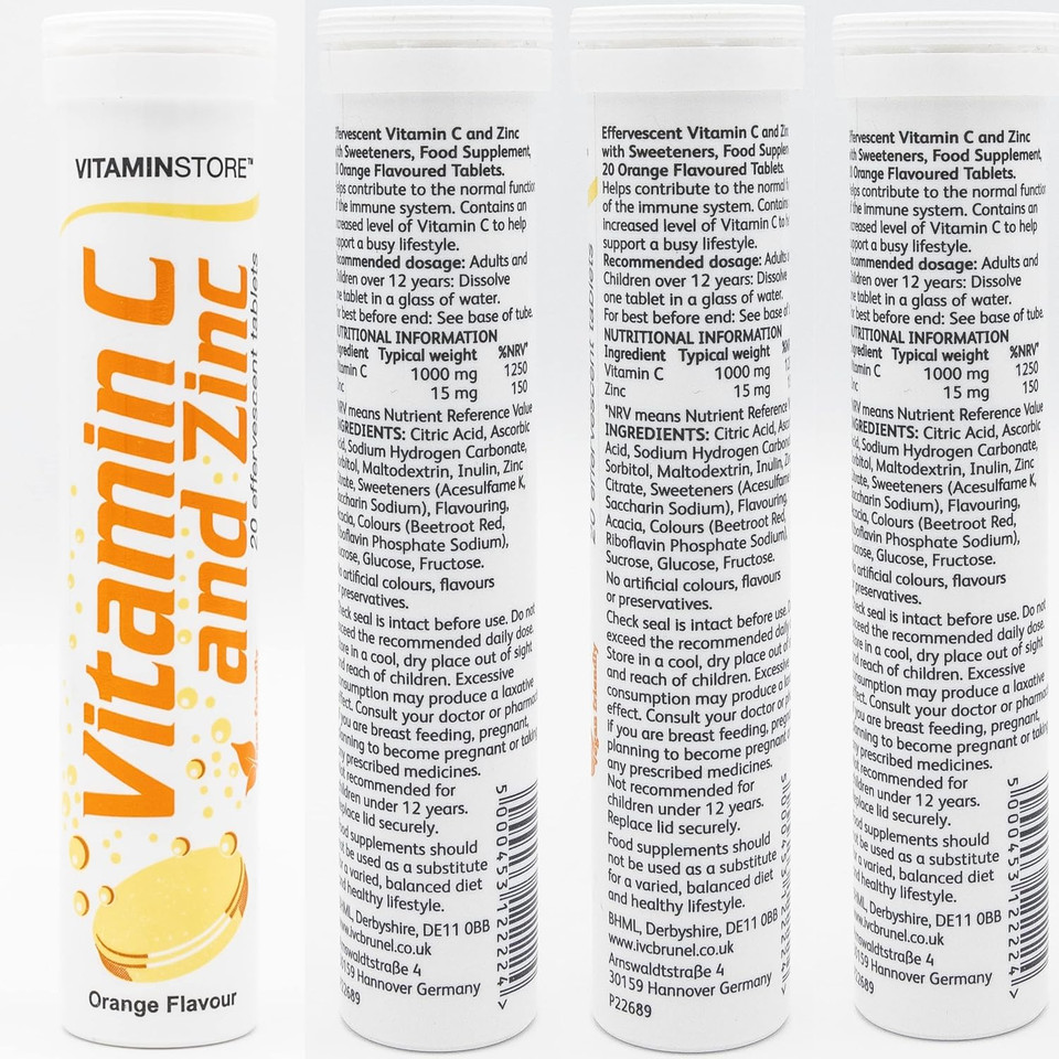 Vitamin Store Vitamin C and Zinc Effervescent Tablets - 3 Packs of 20 Orange Flavoured Fizzy Dissolvable Tablets for a Healthy Immune System - Vegan - One-a-Day VIT C and Zinc Supplement