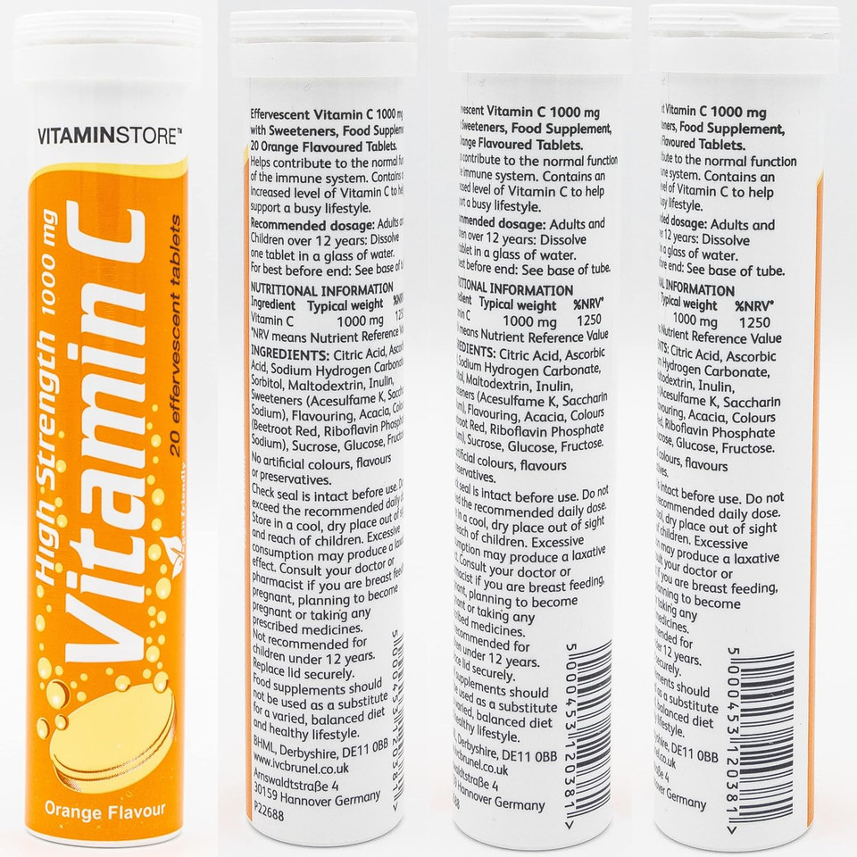 Vitamin Store 60 High Strength Vitamin C (1000mg) Effervescent Tablets - 3 Packs of 20 Vitamin C Dissolvable Tablets - One-a-Day - Soluble Orange Flavoured Vitamin C Fizzy Tablets to Support Immunity Vitamin Store 60 High Strength Vitamin C (1000mg) Effervescent Tablets - 3 Packs of 20 Vitamin C Dissolvable Tablets - One-a-Day - Soluble Orange Flavoured Vitamin C Fizzy Tablets to Support Immunity