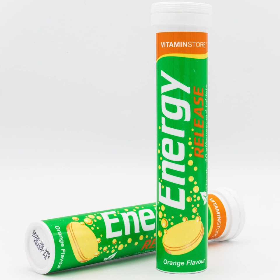 Vitamin Store Energy Release Effervescent Tablets - 3 Packs, 20 Orange Flavoured Fizzy Dissolvable Energy Supplement - Vitamins C,B1,B2,B12, Magnesium & Zinc - 2 Month Supply 60 Effervescent Tablets