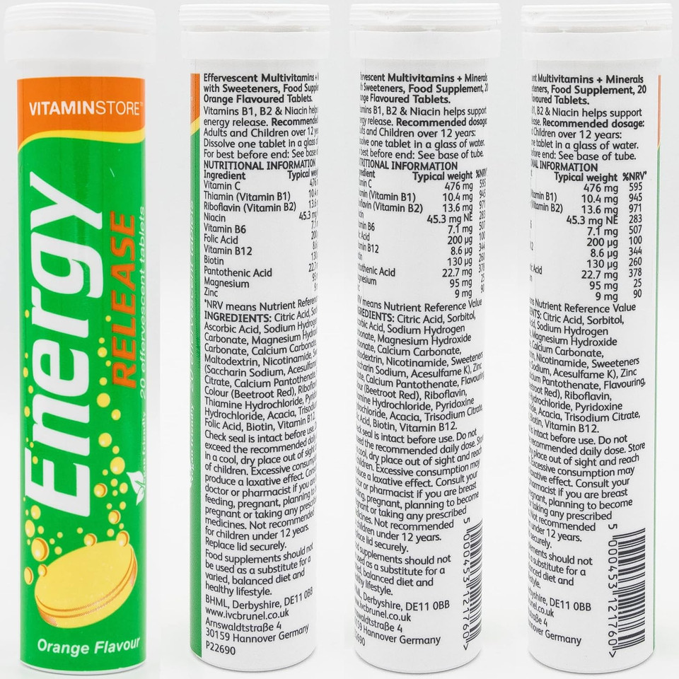 Vitamin Store Energy Release Effervescent Tablets - 3 Packs, 20 Orange Flavoured Fizzy Dissolvable Energy Supplement - Vitamins C,B1,B2,B12, Magnesium & Zinc - 2 Month Supply 60 Effervescent Tablets