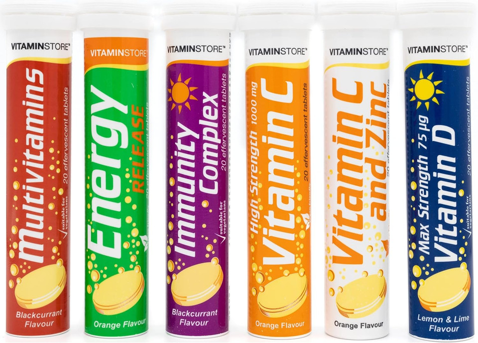Vitamin Store Variety Pack Effervescent Tablets - 6 Packs Variety of 20 Flavoured Dissolvable Fizzy Supplement - Contains Vitamins C, D, Zinc & Selenium Vitamin Store Variety Pack Effervescent Tablets - 6 Packs Variety of 20 Flavoured Dissolvable Fizzy Supplement - Contains Vitamins C, D, Zinc & Selenium