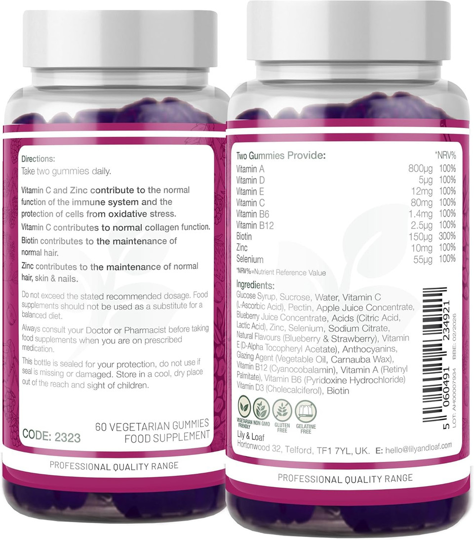 Lily & Loaf Skin, Hair & Nail Gummies  60 Vegetarian Gummies | 30-Day Supply | with Biotin & Vitamin E for Hair Growth, Skin Radiance & Nail Strength | Beauty Supplement for Women & Men