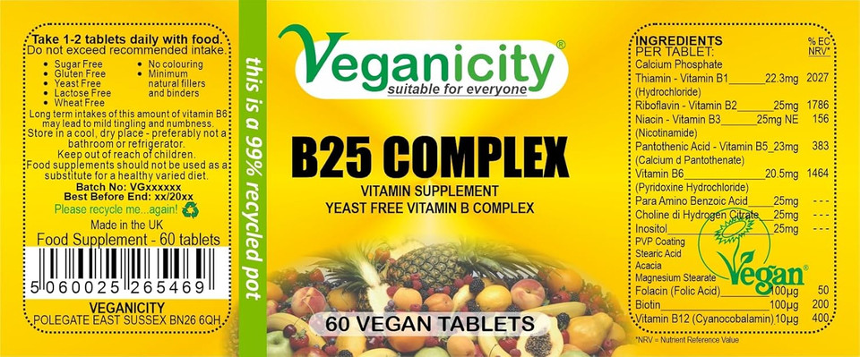 Veganicity B25 Complex : Vitamin B Supplement : 60 Tablets, in a Planet-Friendly 99% reccyled Pot