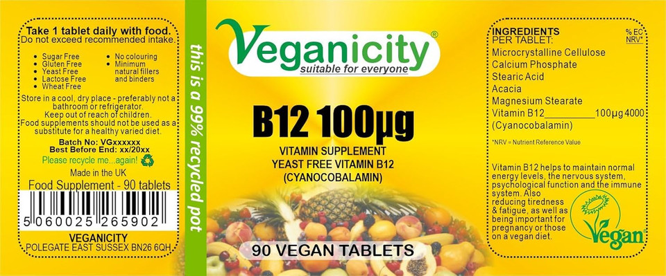 Veganicity Vitamin B12 100µg : Vitamin B12 Supplement : 90 Tablets, in a Planet-Friendly 99% Recycled Pot