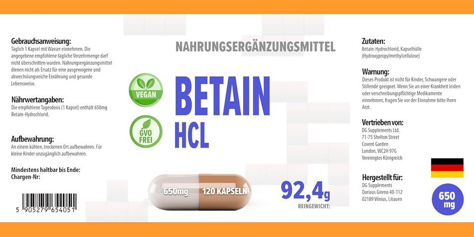 Hepatica Betaine HCL 650mg | 120 Vegan Capsules | High Strength Digestive Support & Stomach Acid Supplement | Aids Protein Digestion & Nutrient Absorption | 3rd Party Lab Tested