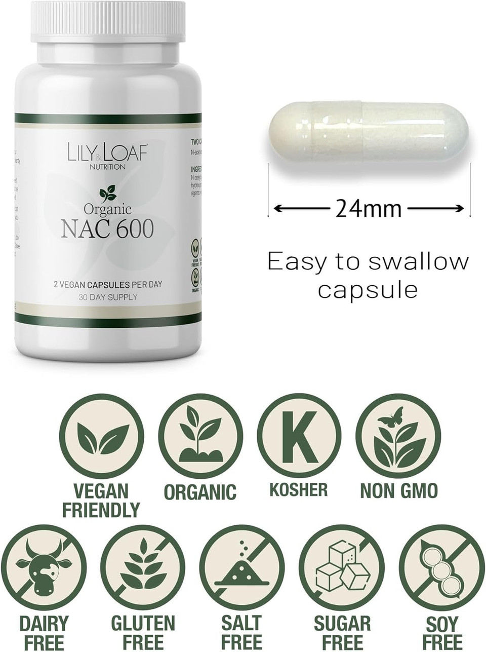 NAC 600mg  30 Day Supply  N-Acetyl Cysteine  Gluten-Free, Organic, Vegan & Vegetarian Friendly  Antioxidant & Immune Support Supplement