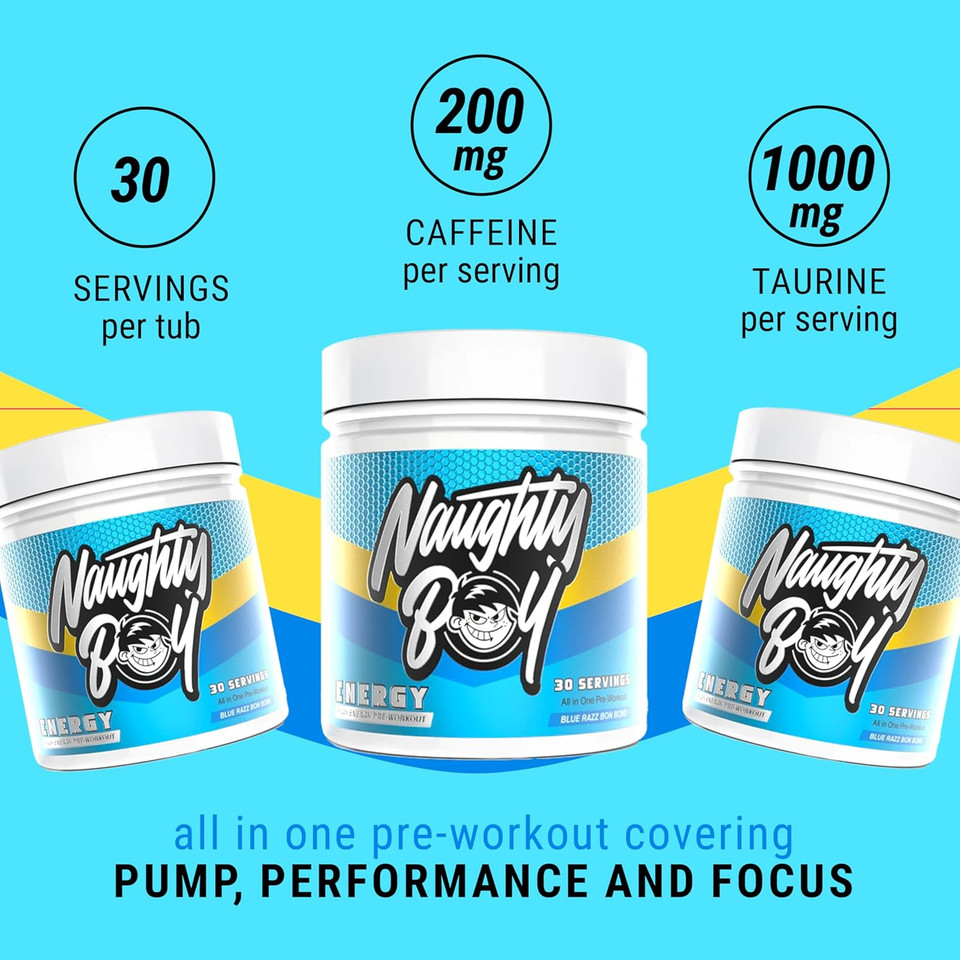 Naughty Boy High Energy Pre Workout Powder with Beta Alanine, Citrulline & Caffeine Supplements for Men & Women Clinically Dosed Energy Drink- 390g/30 Servings (Candy Bubblegum)